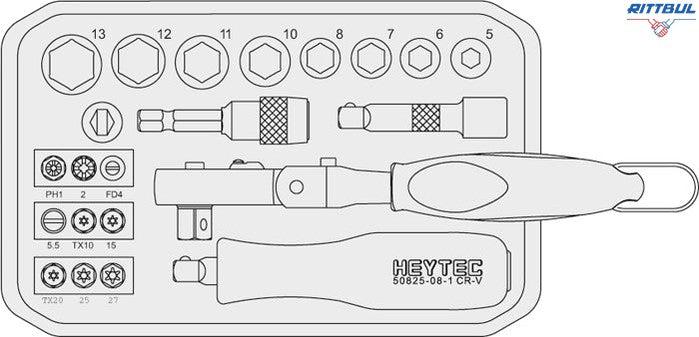 HEYTEC 50829301783 Комплект тресчотка 1/4“ с въртяща глава, битове и вложки (22 части)
