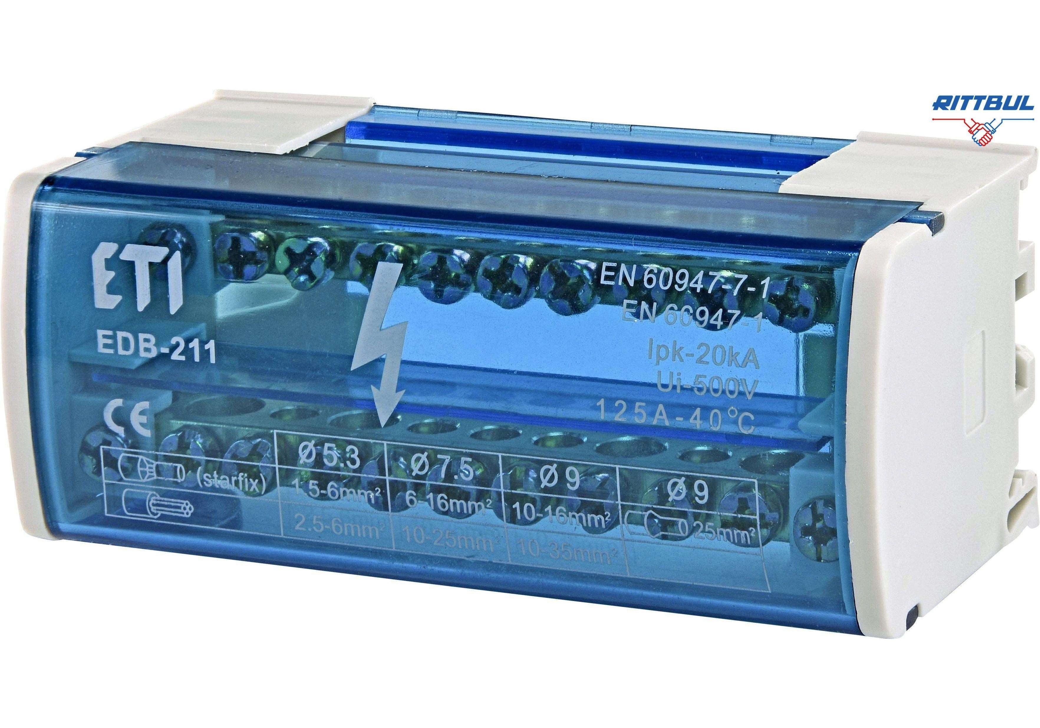 ETI 001102301 Токоразпределителен блок EDI EDB- 211 125А 2P 11 Отвора - Rittbul