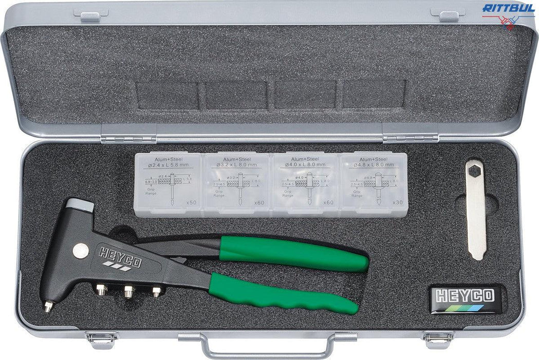 HEYCO 01262000100 Ръчна нитачка в метална кутия, комплект с попнитове 2,4/3,2/4,0/4,8 мм