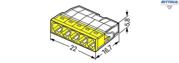 WAGO 2273-205 : Разклонителна Клема за твърд проводник, 5 проводна, жълта, 0,5- 2,5 mm2 (100 броя в опаковка) - Rittbul