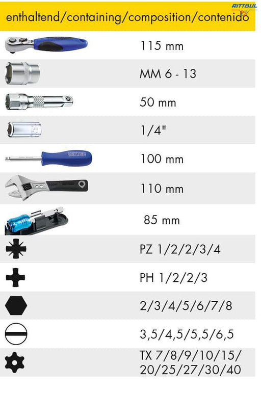 HEYTEC 50829301883 Комплект инструменти с тресчотка 1/4“ - 44 части - Rittbul