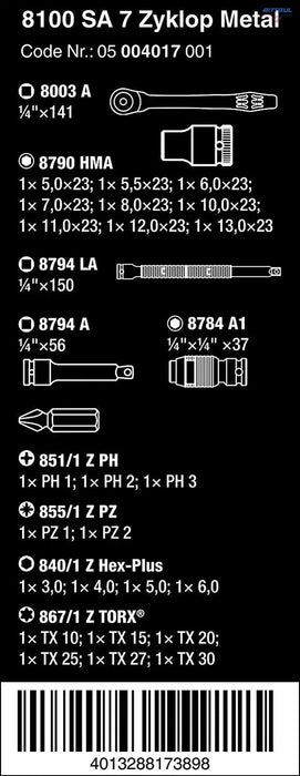 WERA 05004017001 Комплект инструменти с тресчотка Zyklop Metal Push 1/4“ - 28 части