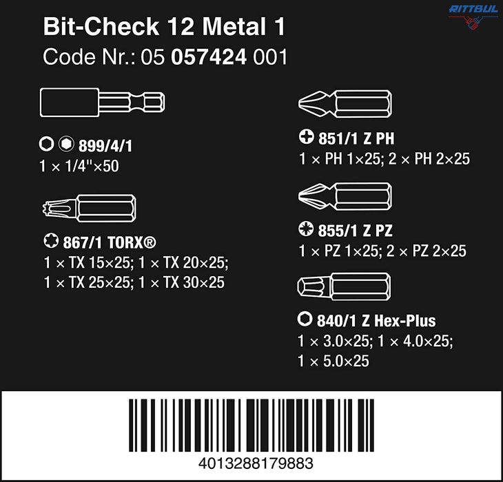 WERA 05057424001 Комплект битове с държач Bit-Check 12 Metal 1