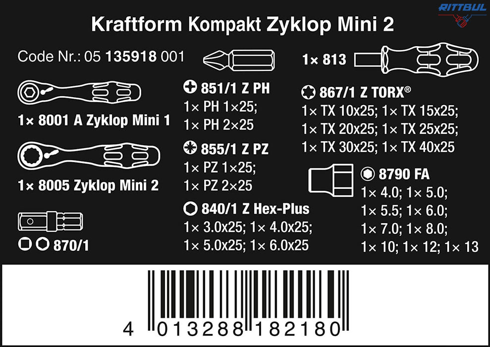 WERA 05135918001 Комплект Kraftform Kompakt Zyklop Mini 2 с битове