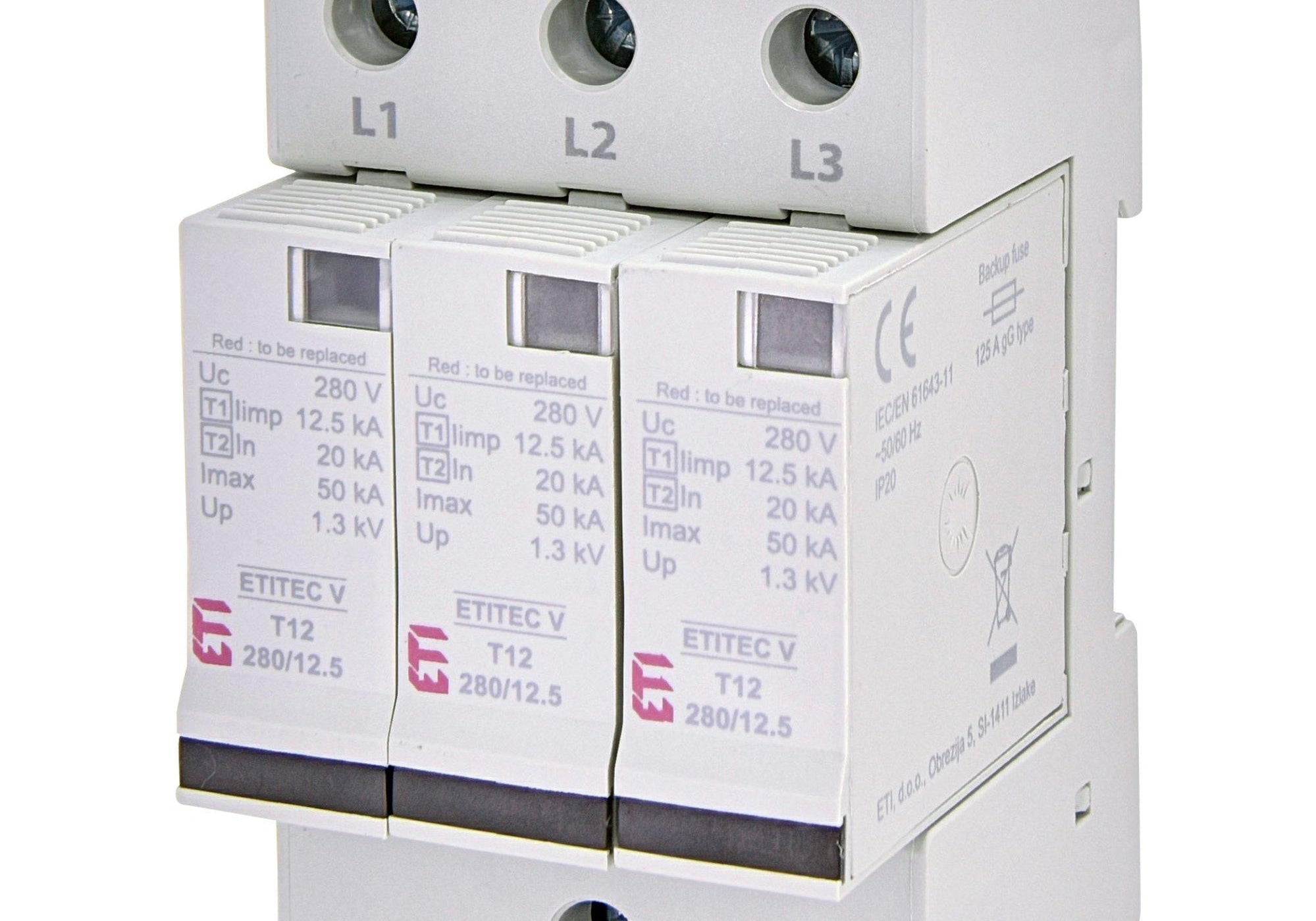 ETI 002442905 Катоден отводител (арестор) Тип I+II/Клас B+C 3Р 280V 12.5kA - Rittbul