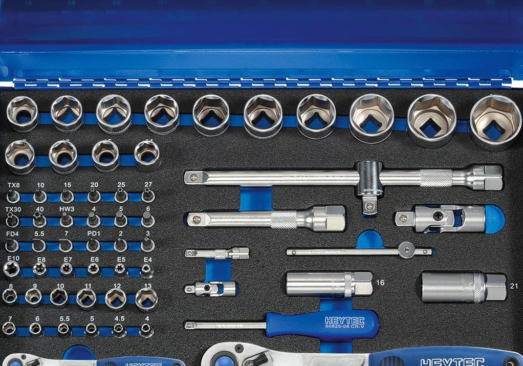 HEYTEC 50883301683 Комплект 2 бр. тресчотки 1/2 “ и 1/4`` с вложки и битове (61 части) - Rittbul