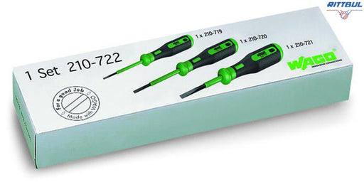 WAGO 210-722 Комплект работни инструменти с частично изолирана дръжка; Тип 1, нож (2.5 x 0.4) mm; Тип 2, нож (3.5 x 0.5) mm; Тип 3, нож (5.5 x 0.8) mm - Rittbul