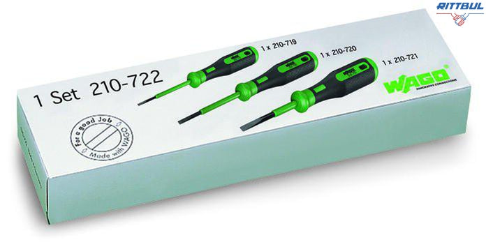 WAGO 210-722 Комплект работни инструменти с частично изолирана дръжка; Тип 1, нож (2.5 x 0.4) mm; Тип 2, нож (3.5 x 0.5) mm; Тип 3, нож (5.5 x 0.8) mm - Rittbul
