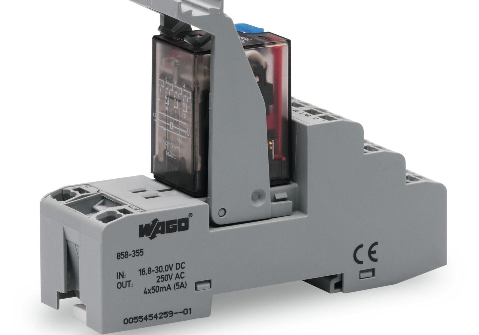 WAGO 858-355 Socket with industrial relay; Coil voltage: DC 24 V; 4 changeover contacts with gold contacts; for railway operations - Rittbul
