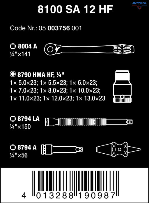 WERA 05003756001 Комплект тресчотка Zyklop Metal 1/4“ с вложки HF - 13 части - Rittbul