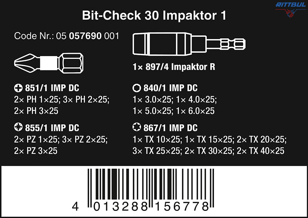 WERA 05057690001 Комплект битове Bit-Check 30 Impaktor 1 с държач (30 части) - Rittbul