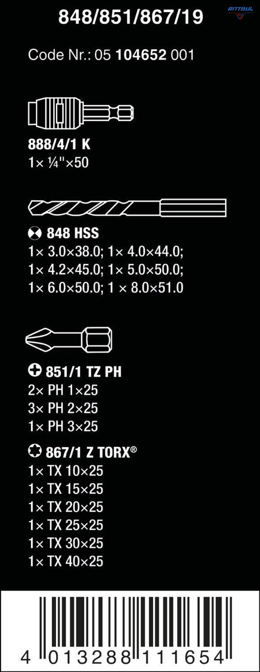 WERA 05104652001 Комплект свредла / битове - 19 части - Rittbul