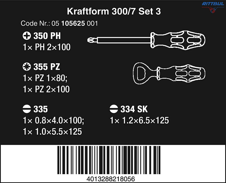 WERA 05105625001 Комплект отвертки Kraftform (7 части) с отварачка - Rittbul
